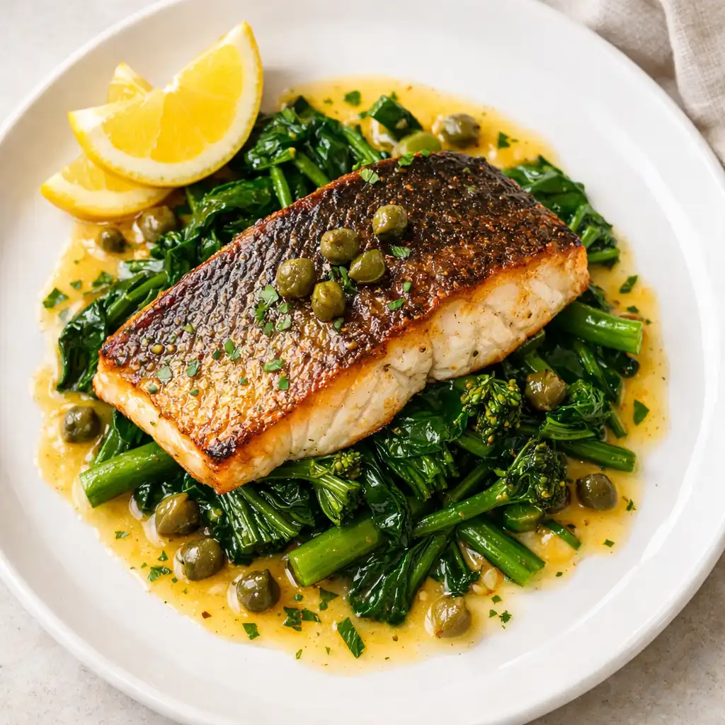Overhead photograph of pan-seared barramundi fillet with crispy skin, sautéed greens, lemon butter sauce, and capers on a white ceramic plate