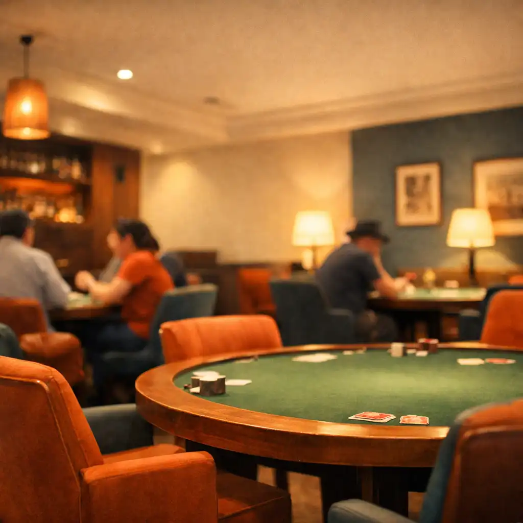 Warm interior of the Card Lounge with wooden poker tables and comfortable seating