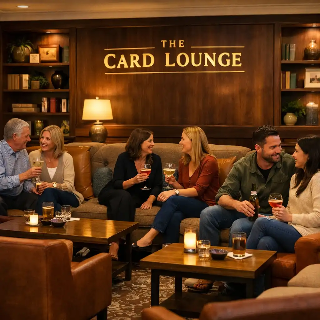 Relaxed card lounge with sofas, armchairs, and people chatting over drinks