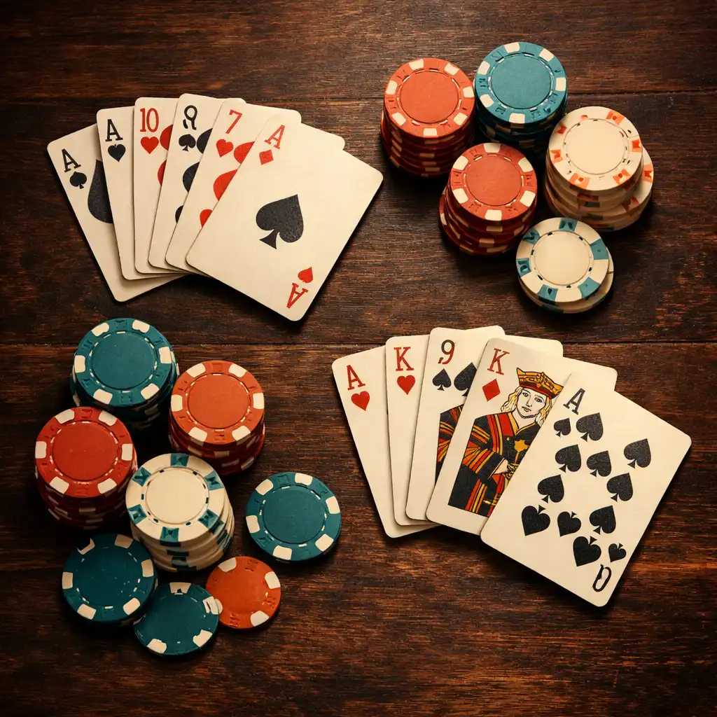 Playing cards and poker chips arranged on a dark wooden table