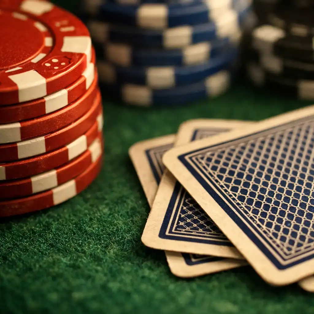 Extreme close-up of playing cards and poker chips on a felt surface