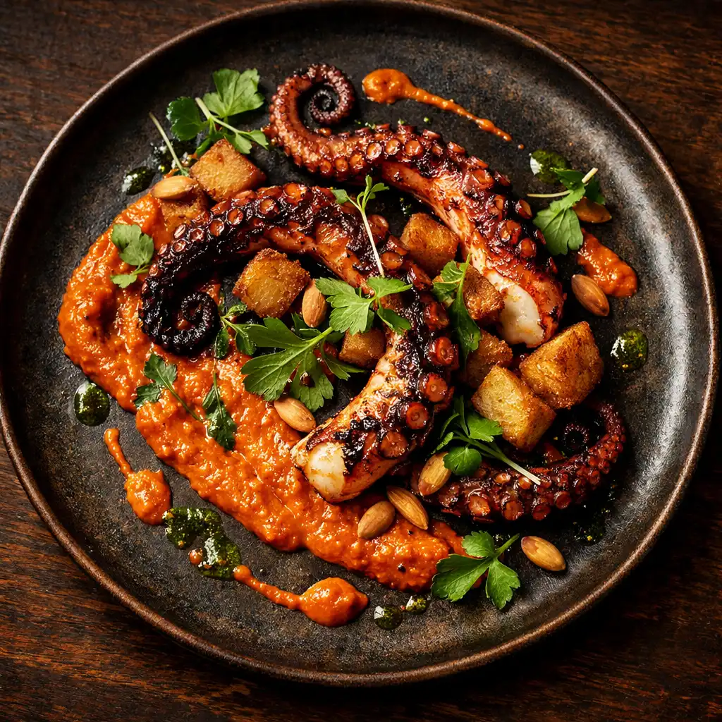 Overhead photograph of charred octopus with romesco sauce, crispy potatoes, and fresh herbs on a dark ceramic plate