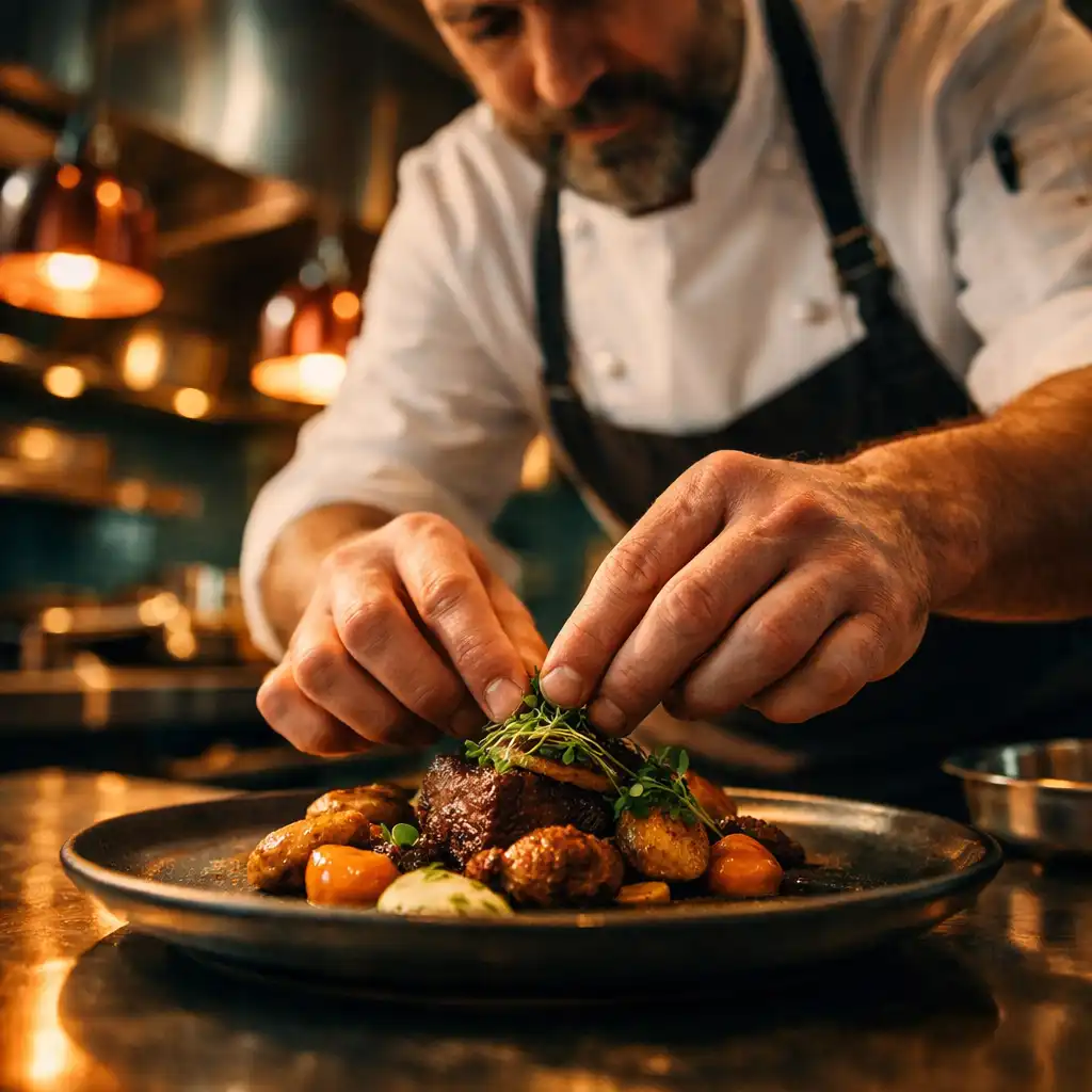 Low-angle photograph of a chef plating a dish in a professional kitchen, hands carefully placing herbs on a plate