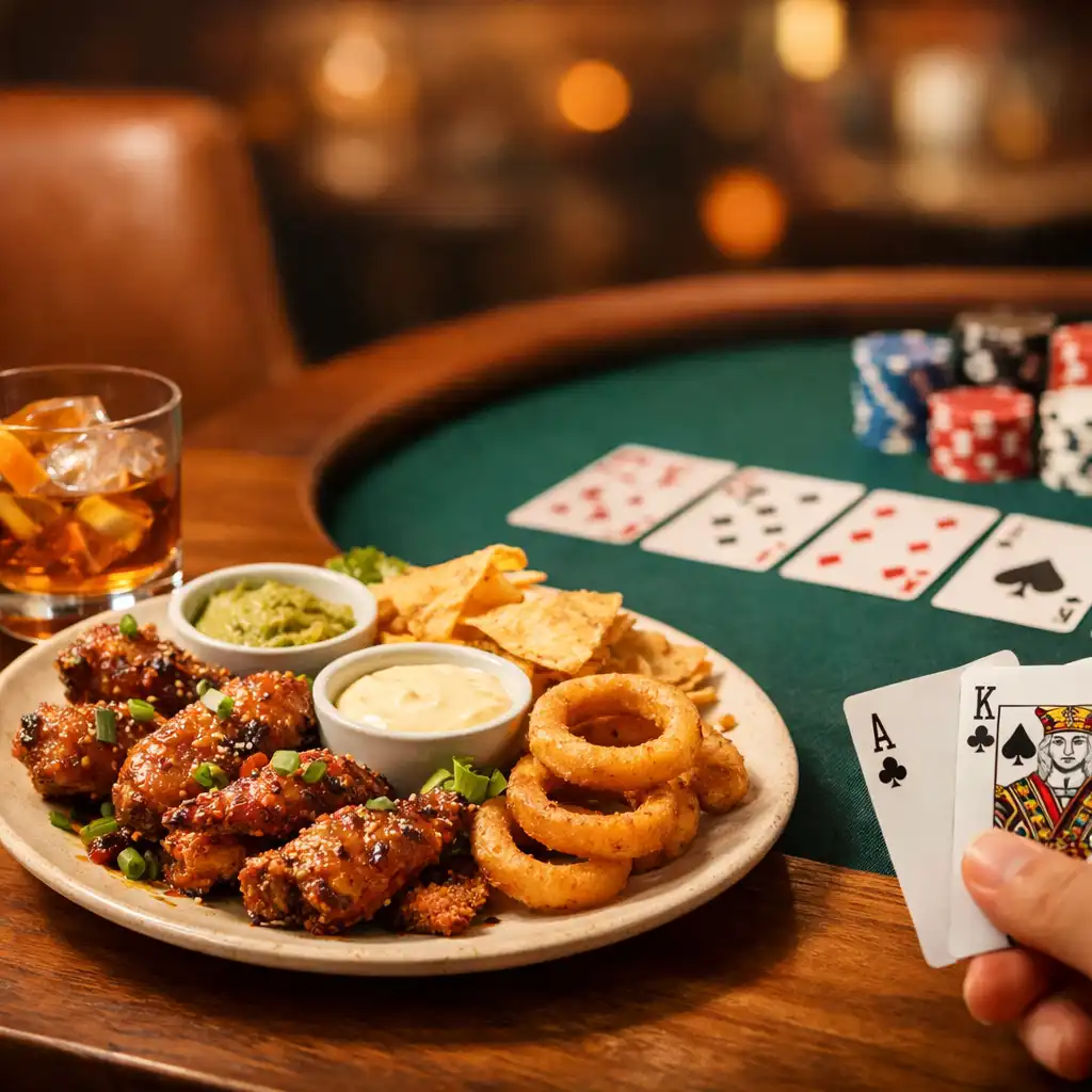 A warm dining table set with food in the foreground, with a friendly poker game visible at a table in the softly lit background of Stack House Parlour