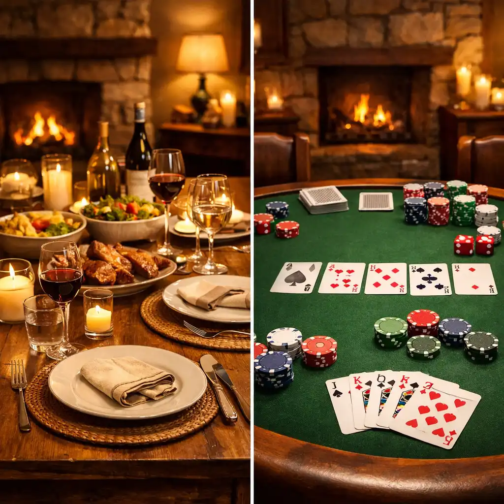 Split scene showing a dining table with plates and glasses beside a poker table with cards and chips