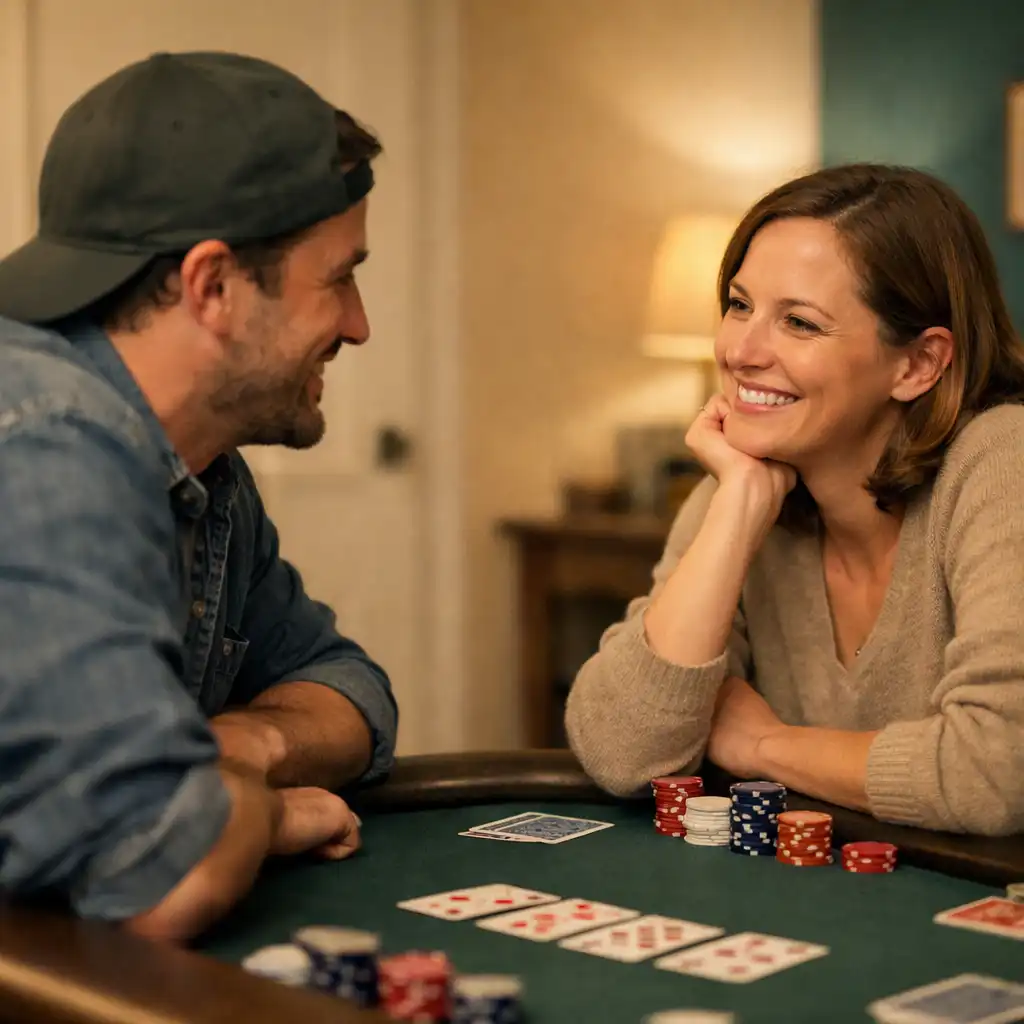 Two people smiling and interacting across a poker table