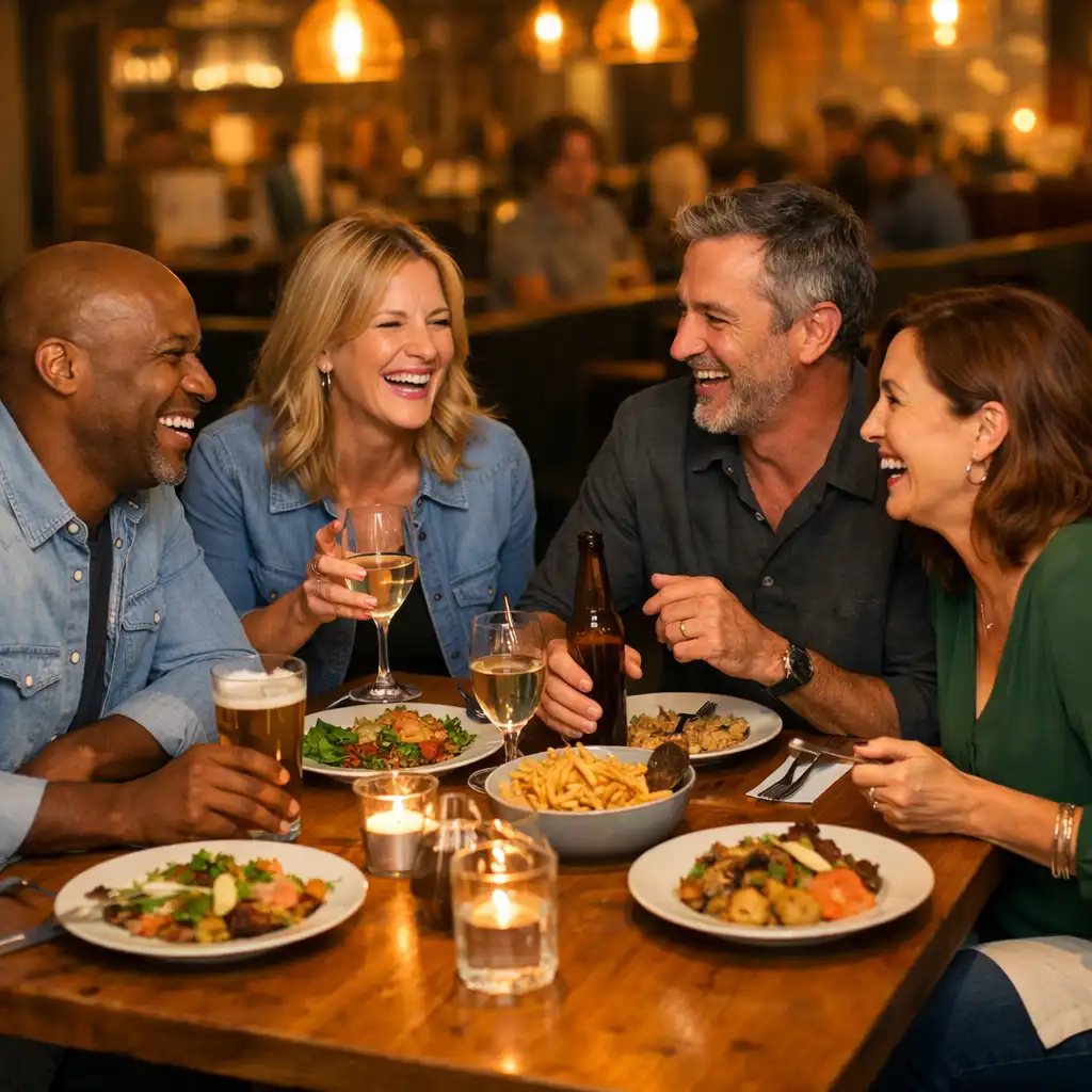Four adults laughing and talking around a wooden table with shared plates and drinks at Stack House Parlour