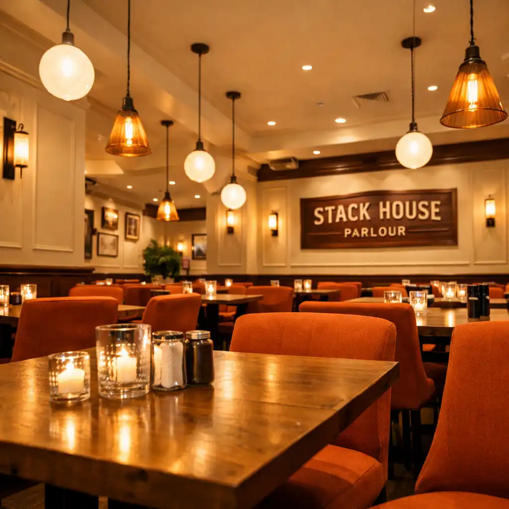 Warm dining room at Stack House Parlour with ivory walls, wooden tables, and burnt orange accent chairs