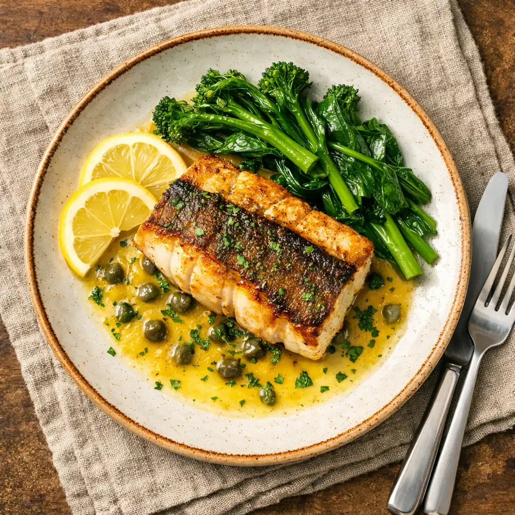 Overhead view of a seared barramundi dish with lemon butter sauce and greens on a ceramic plate