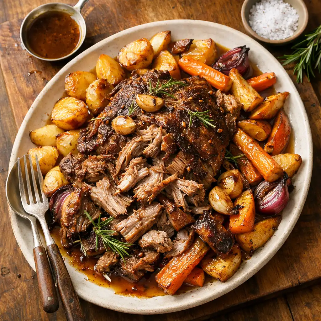 Overhead photograph of slow-roasted lamb shoulder with rosemary, garlic, roasted root vegetables, and rich jus on a wooden board