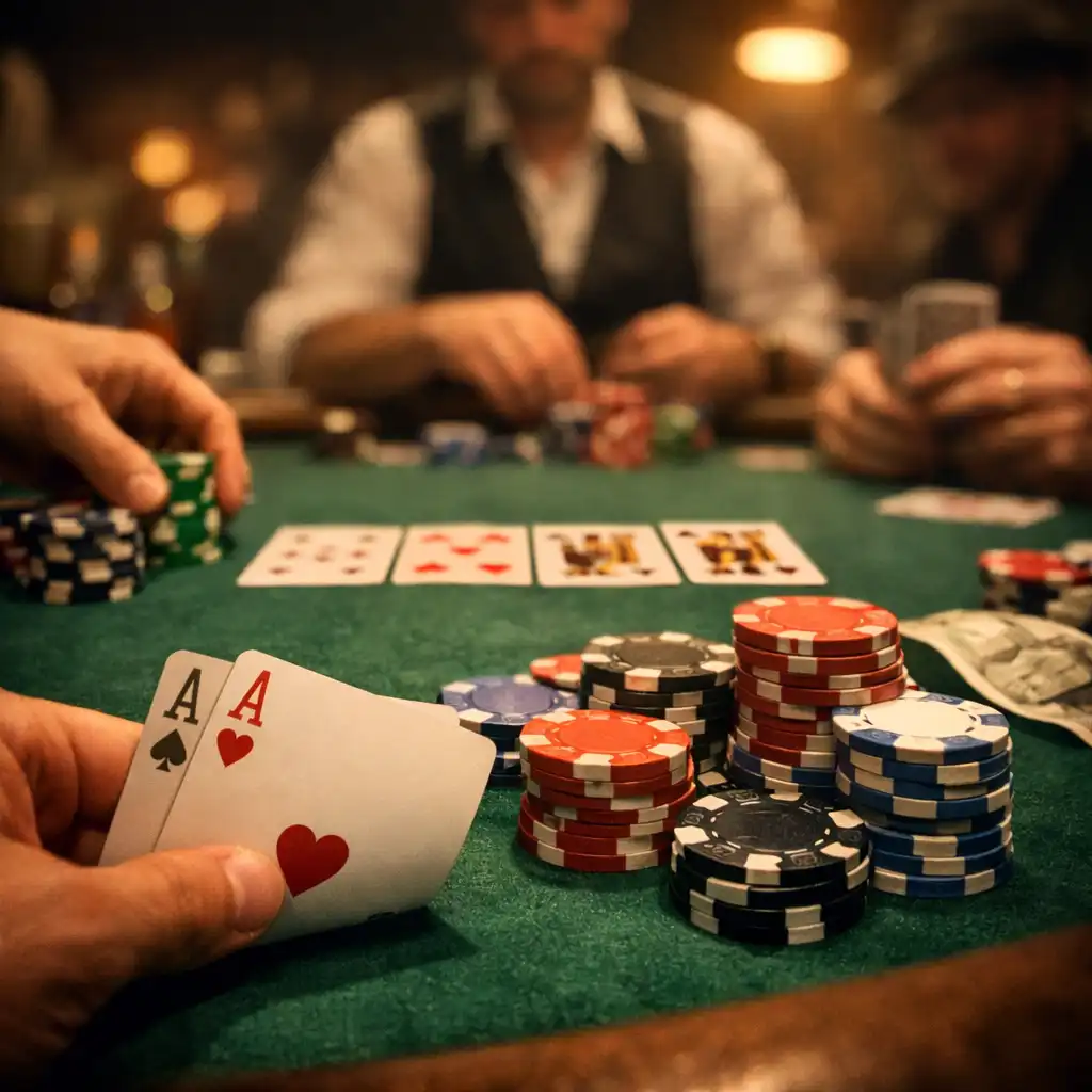 Live poker game in progress with players' hands, cards, and chips on a felt table
