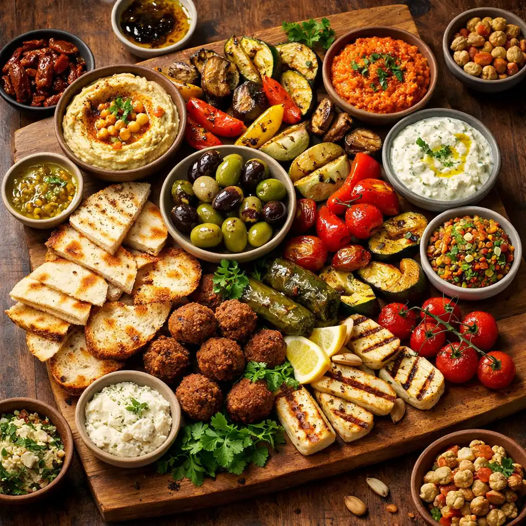 Shared platter with dips, olives, bread, and grilled vegetables on a wooden board