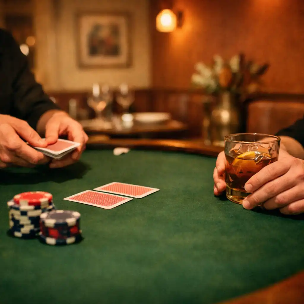 A physical poker table with cards, chips, and players' hands in a warm restaurant setting