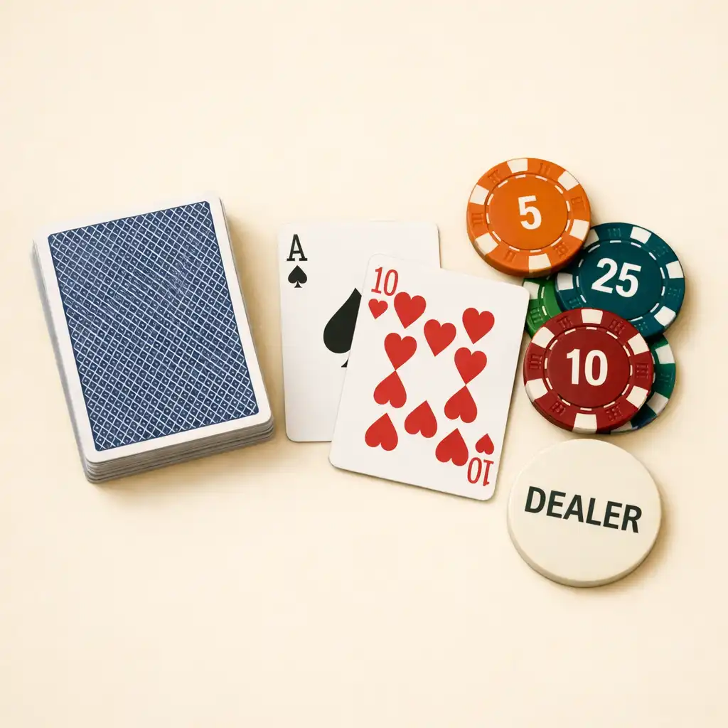 Flat lay of poker cards, chips, and a dealer button on a warm ivory background