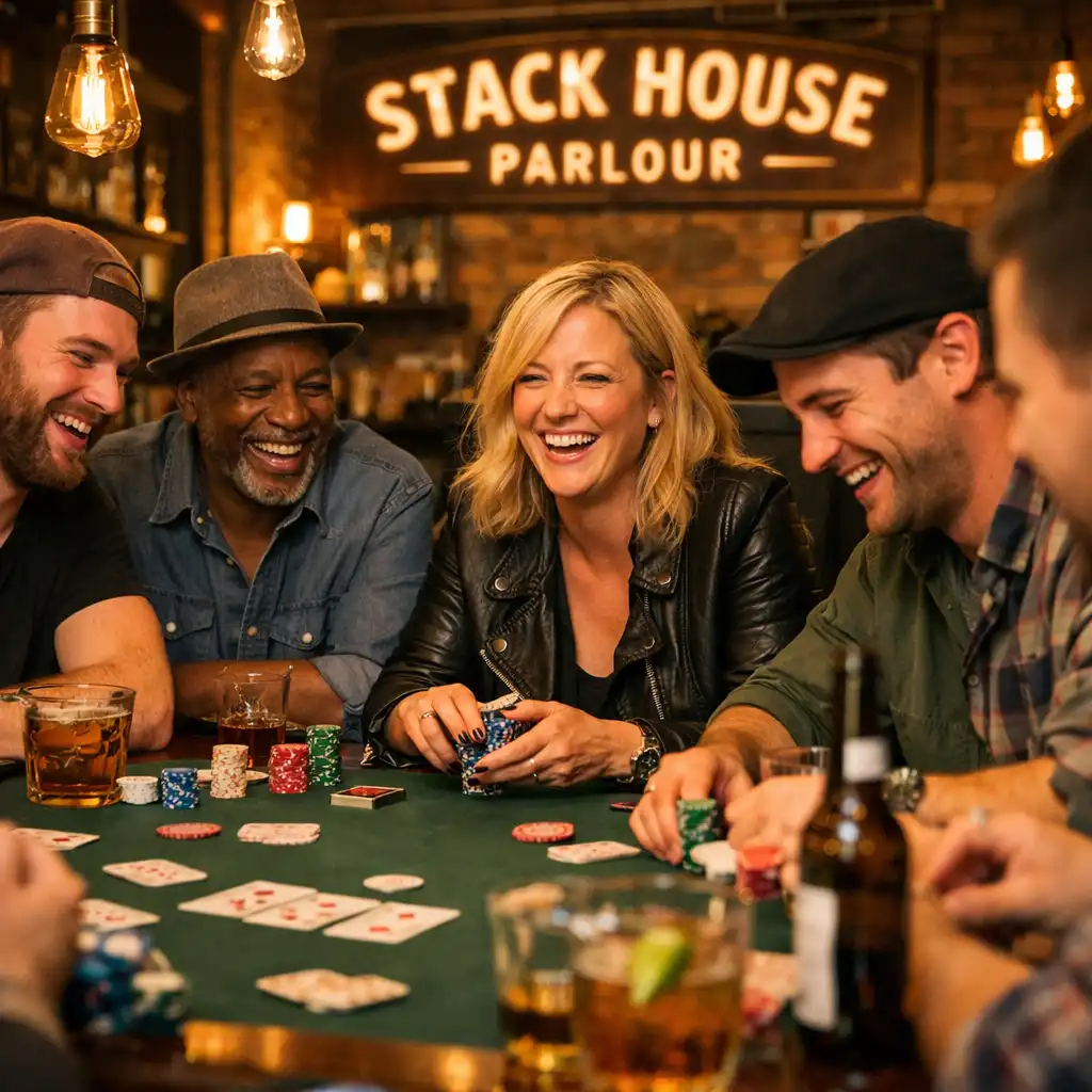 Group of people seated around a poker table during a warm, social poker evening