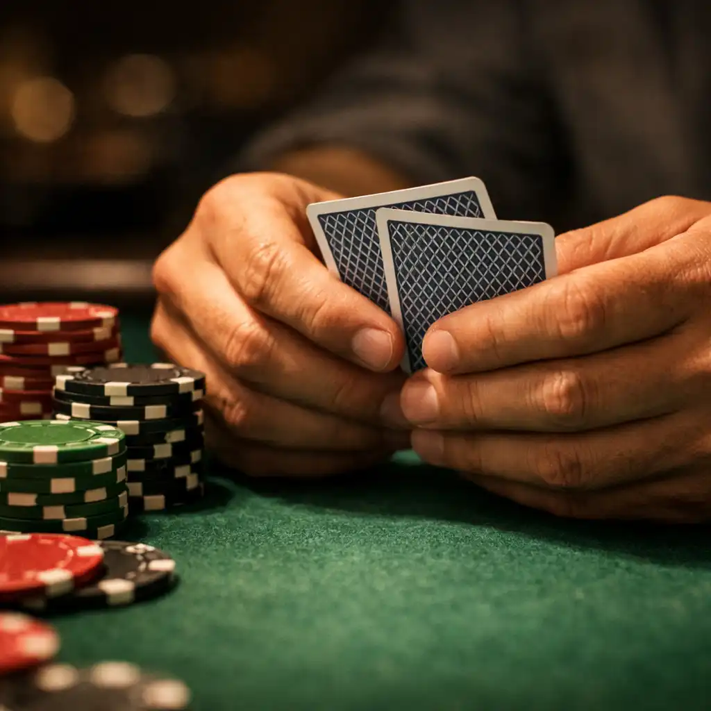 Close-up of hands holding playing cards over a poker table with chips stacked nearby