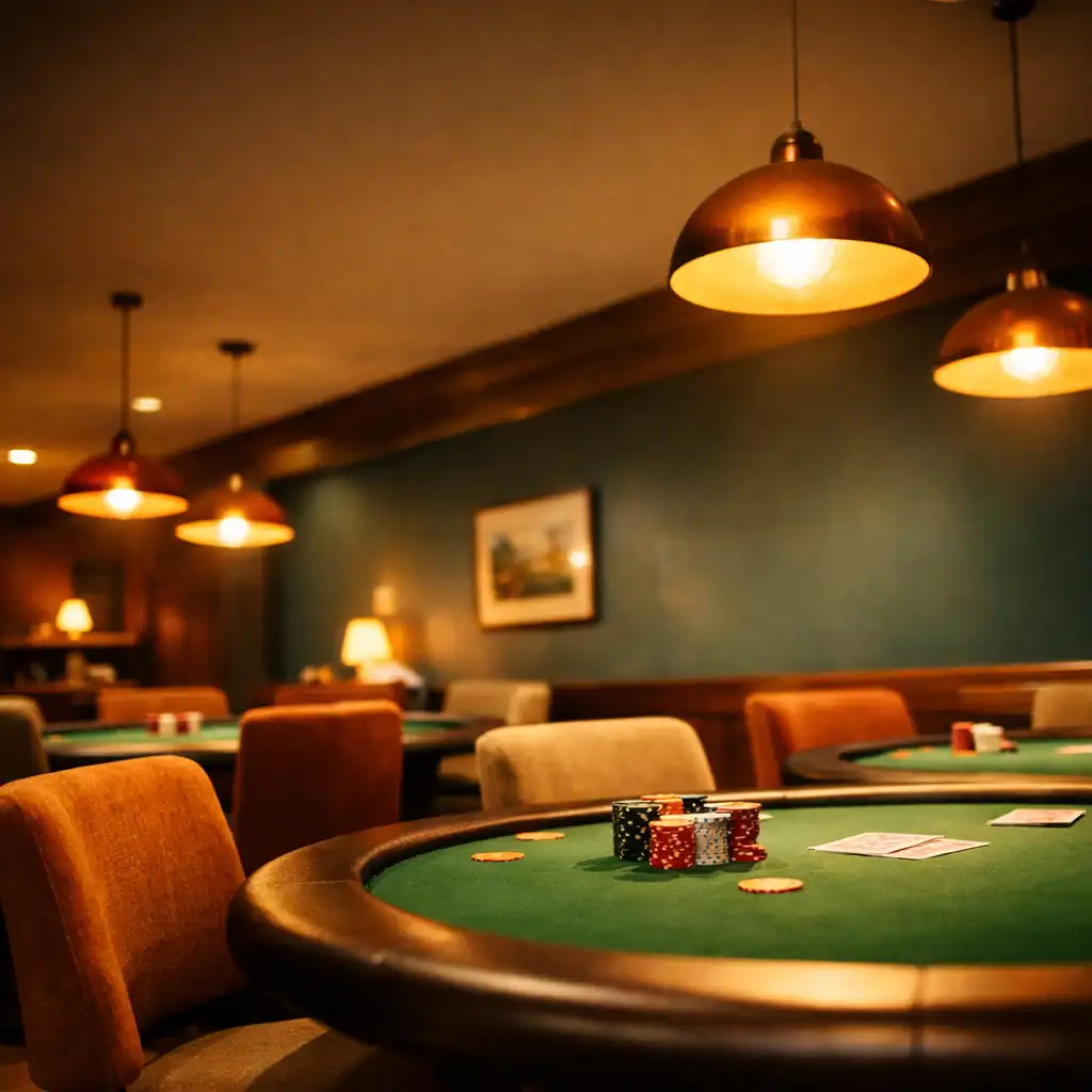 Low-angle view of the Stack House Parlour poker room showing tables, chairs, and warm lighting