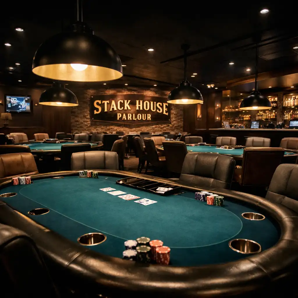 Poker room at Stack House Parlour with several deep teal felt tables and focused lighting