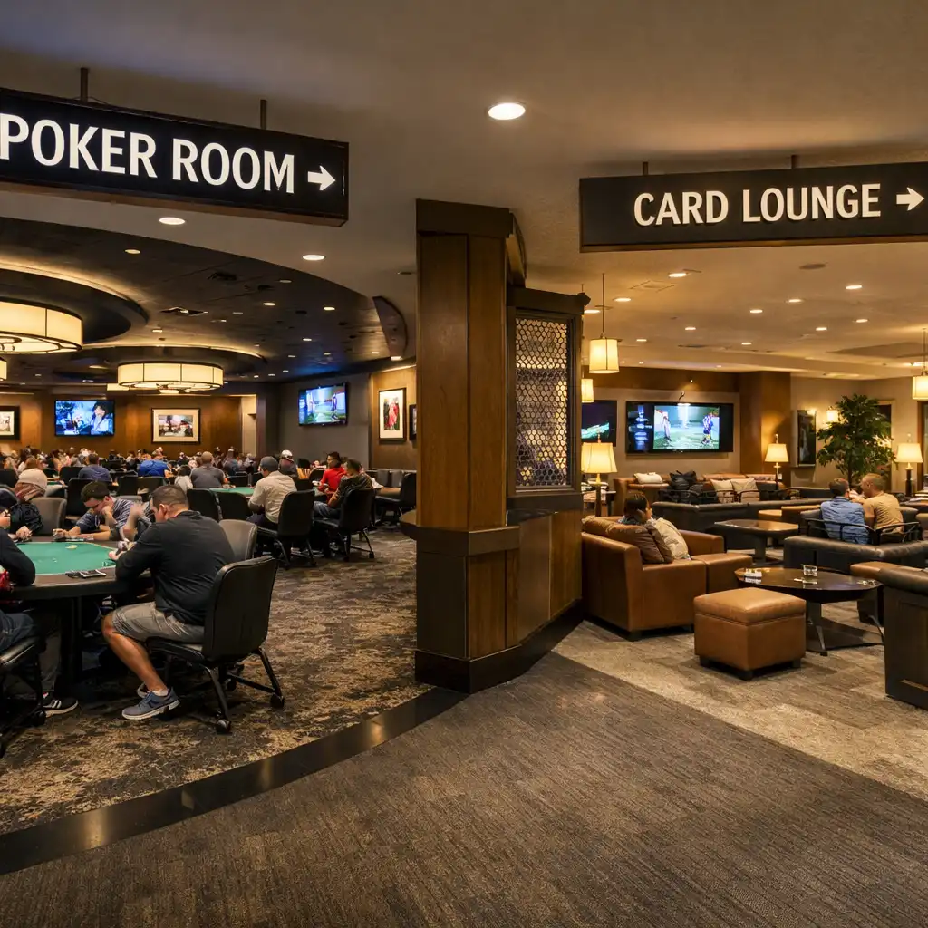 Wide-angle view of the Level 1 poker space showing the transition from poker room to card lounge
