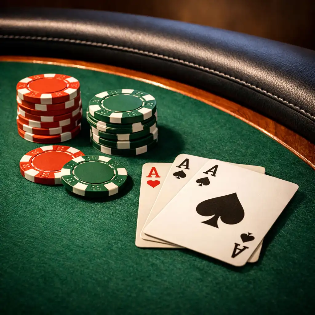 Close-up of a poker table with deep teal felt, playing cards, and stacked poker chips
