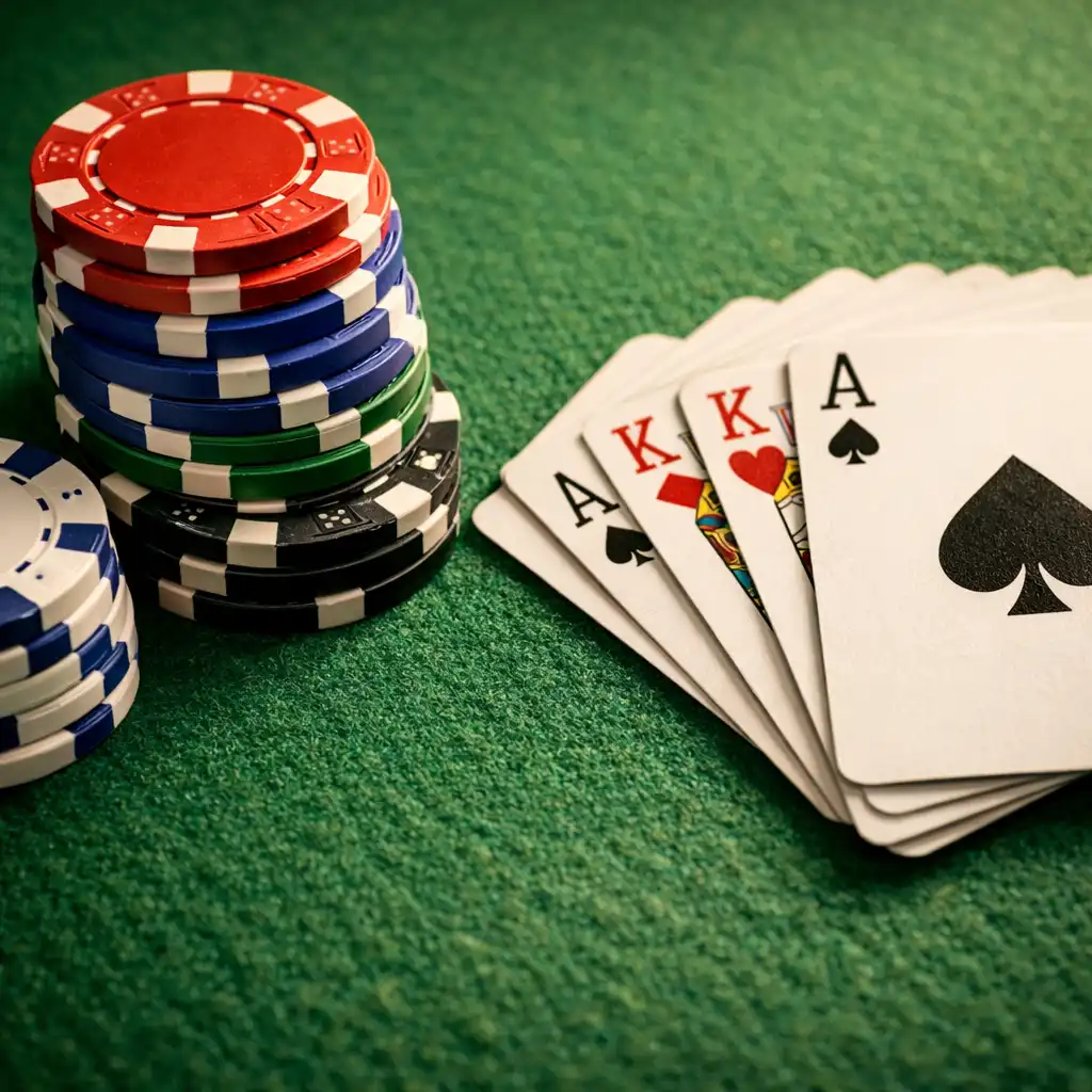 Close-up of a poker table surface with cards and chips