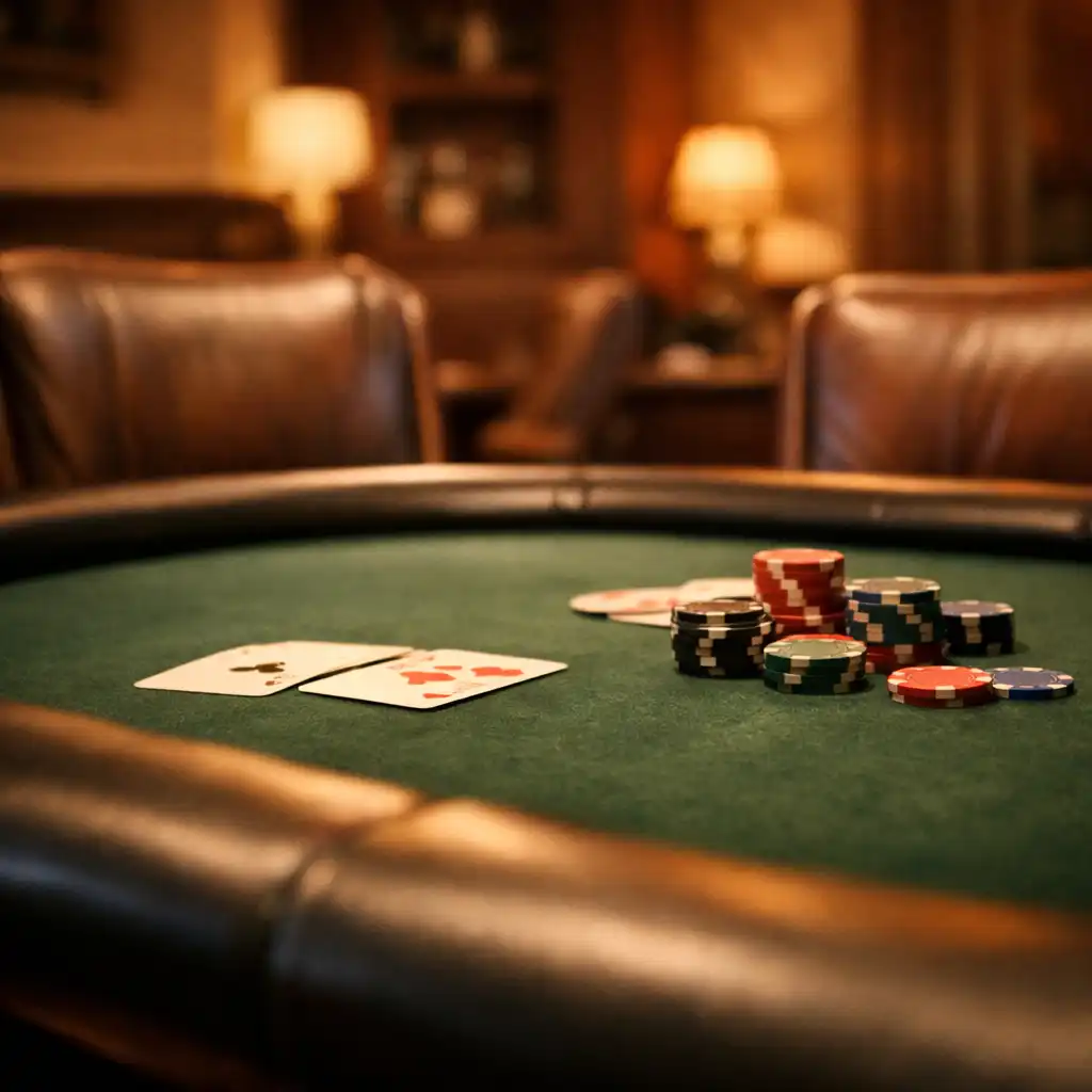Low-angle view of a poker table showing the felt surface, padded rail, and comfortable chairs around it
