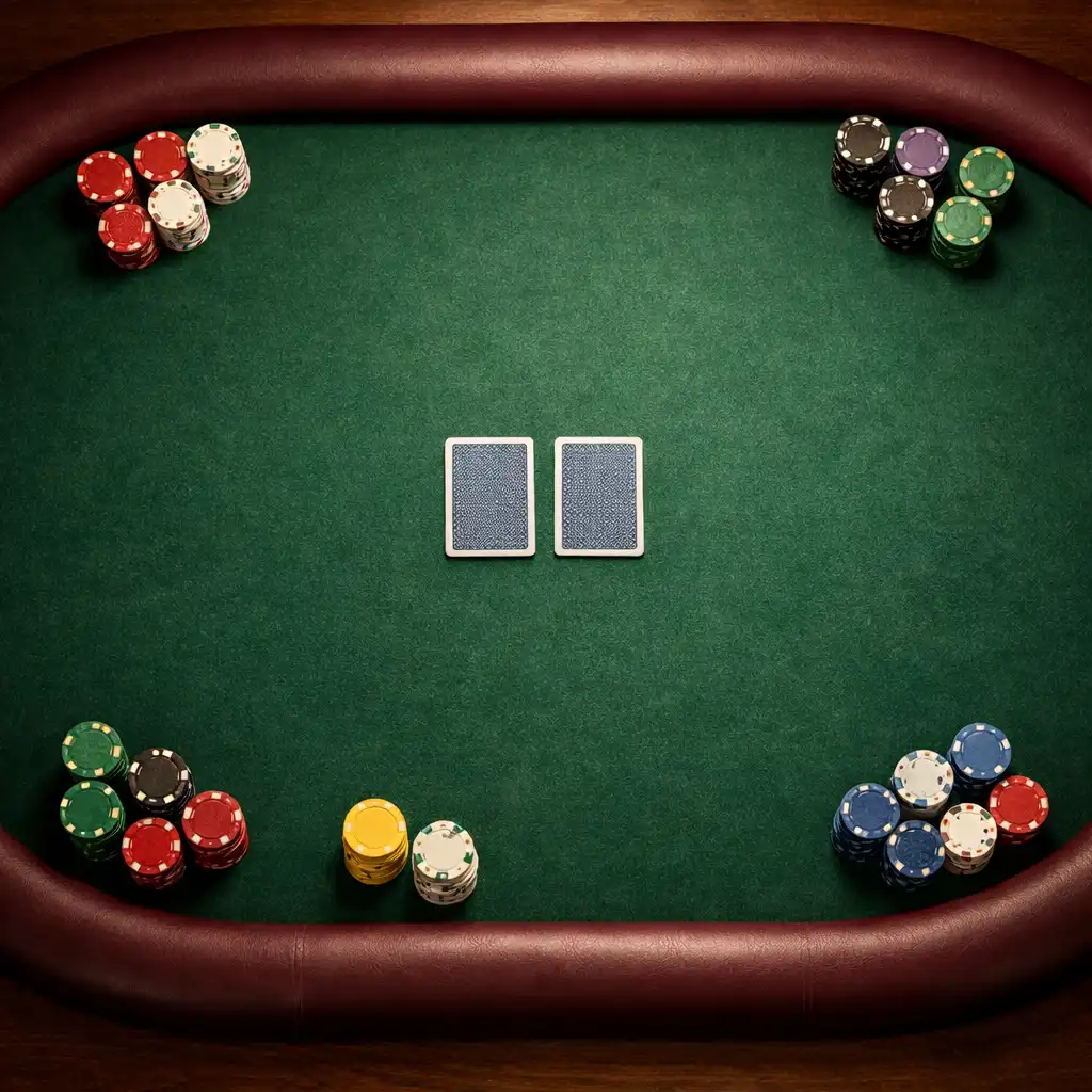 Overhead view of a full-size poker table with deep green felt, burgundy rail, playing cards, and stacks of clay chips