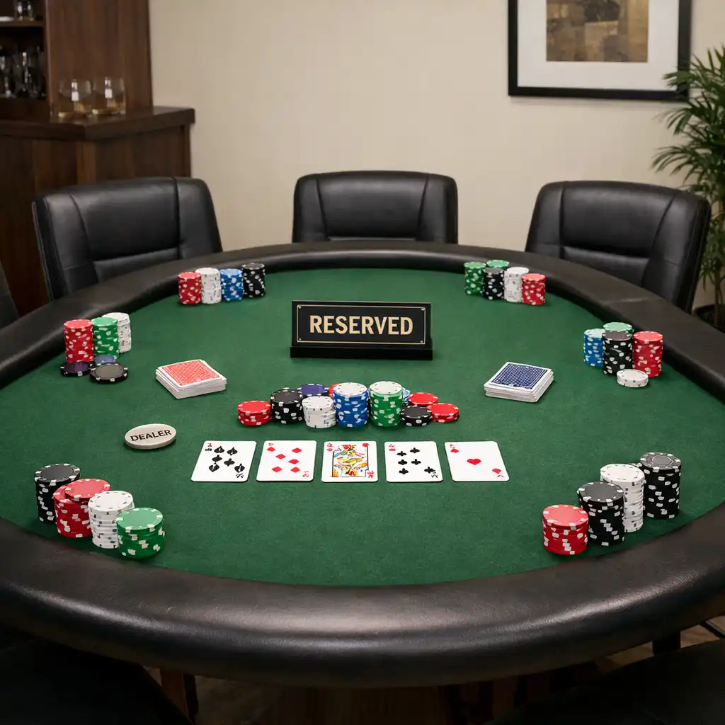 Private poker setup with a table set for a group, cards, chips, and a reserved sign