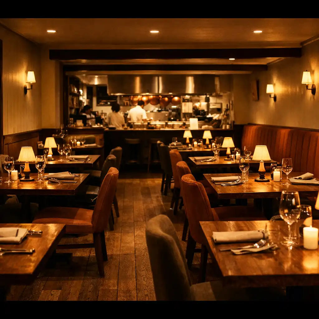 Warm, low-light dining room at Stack House Parlour with timber tables, linen napkins, booth seating, and an open kitchen in the background