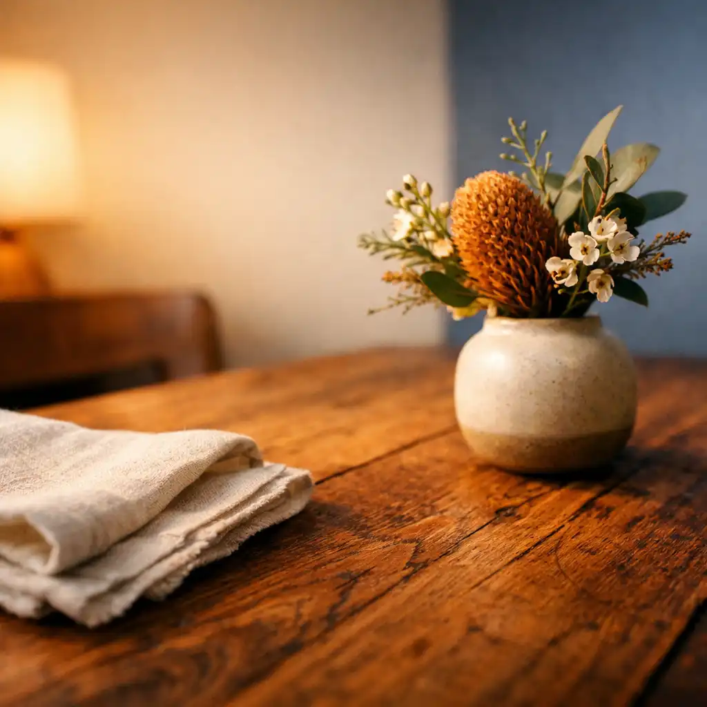 Close-up of a timber table with linen napkin and native flowers, warm lighting and dusty blue accent in the dining room