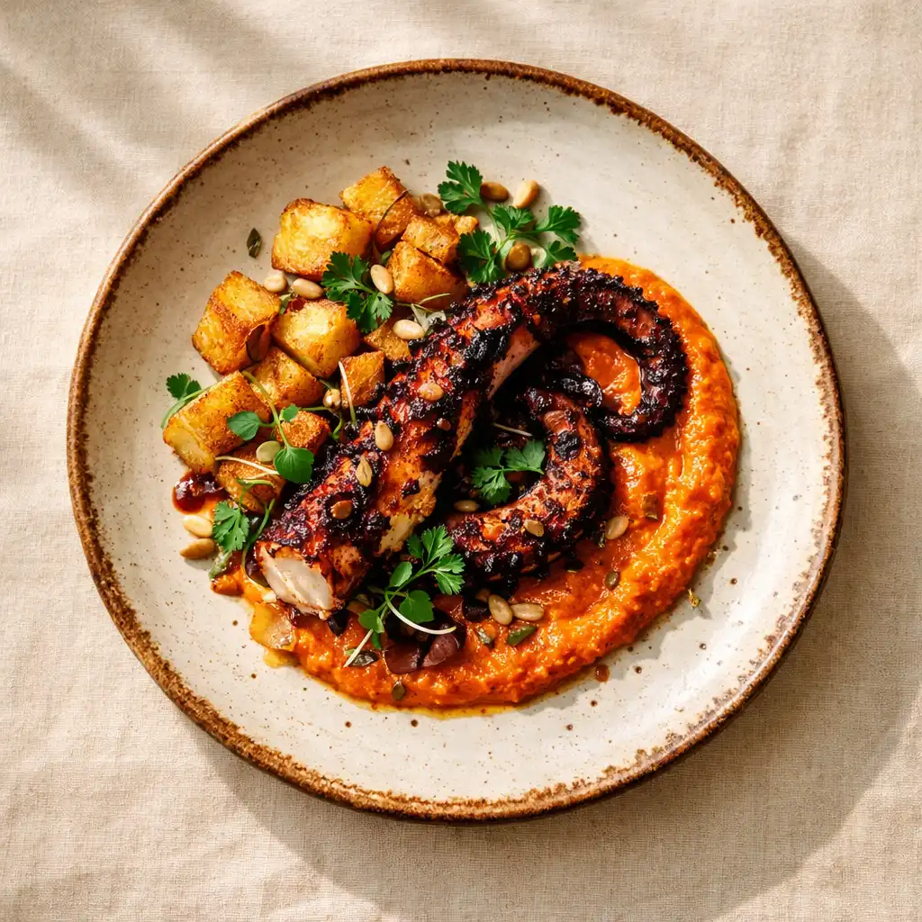 Overhead view of a signature plate with charred octopus, romesco sauce, crispy potatoes, and fresh herbs on a warm ivory linen tablecloth
