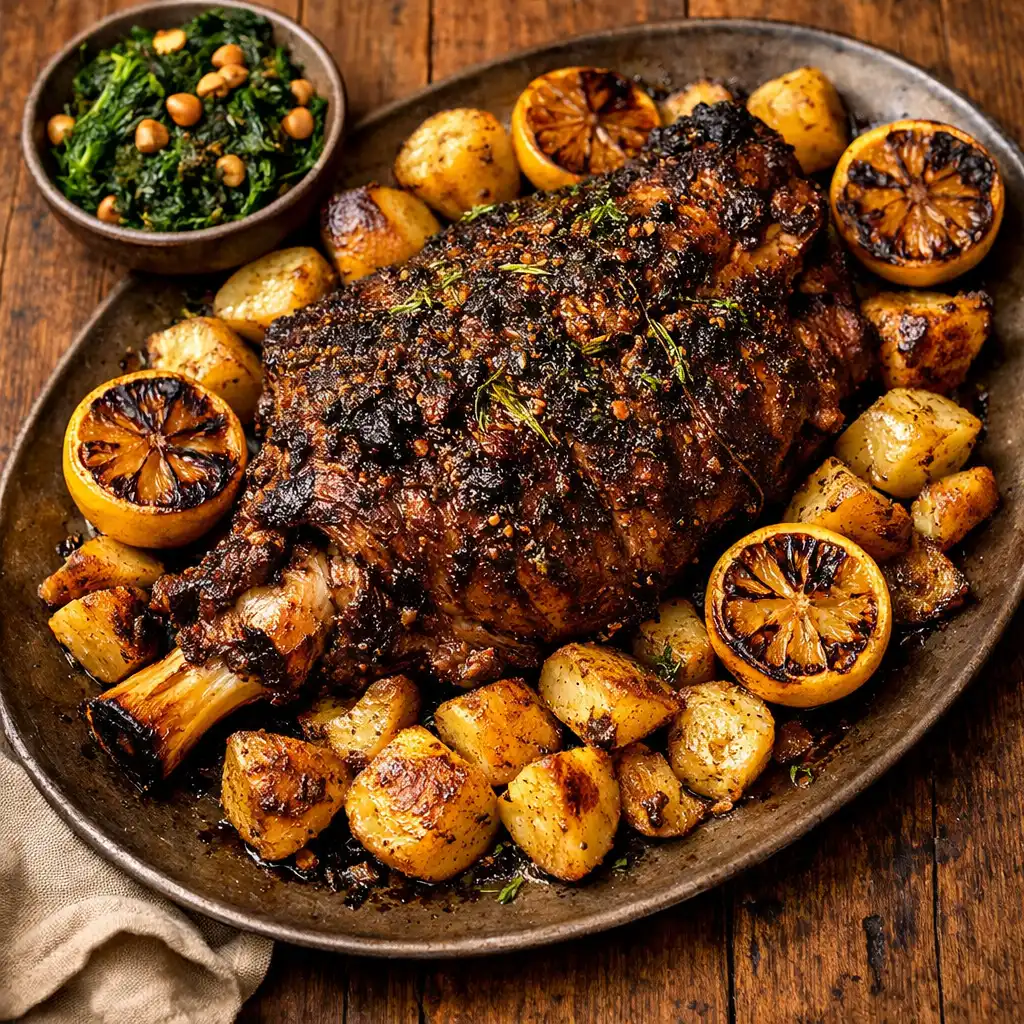 Overhead view of wood-fired lamb shoulder on a sharing platter with charred lemon, roasted potatoes, and charred greens