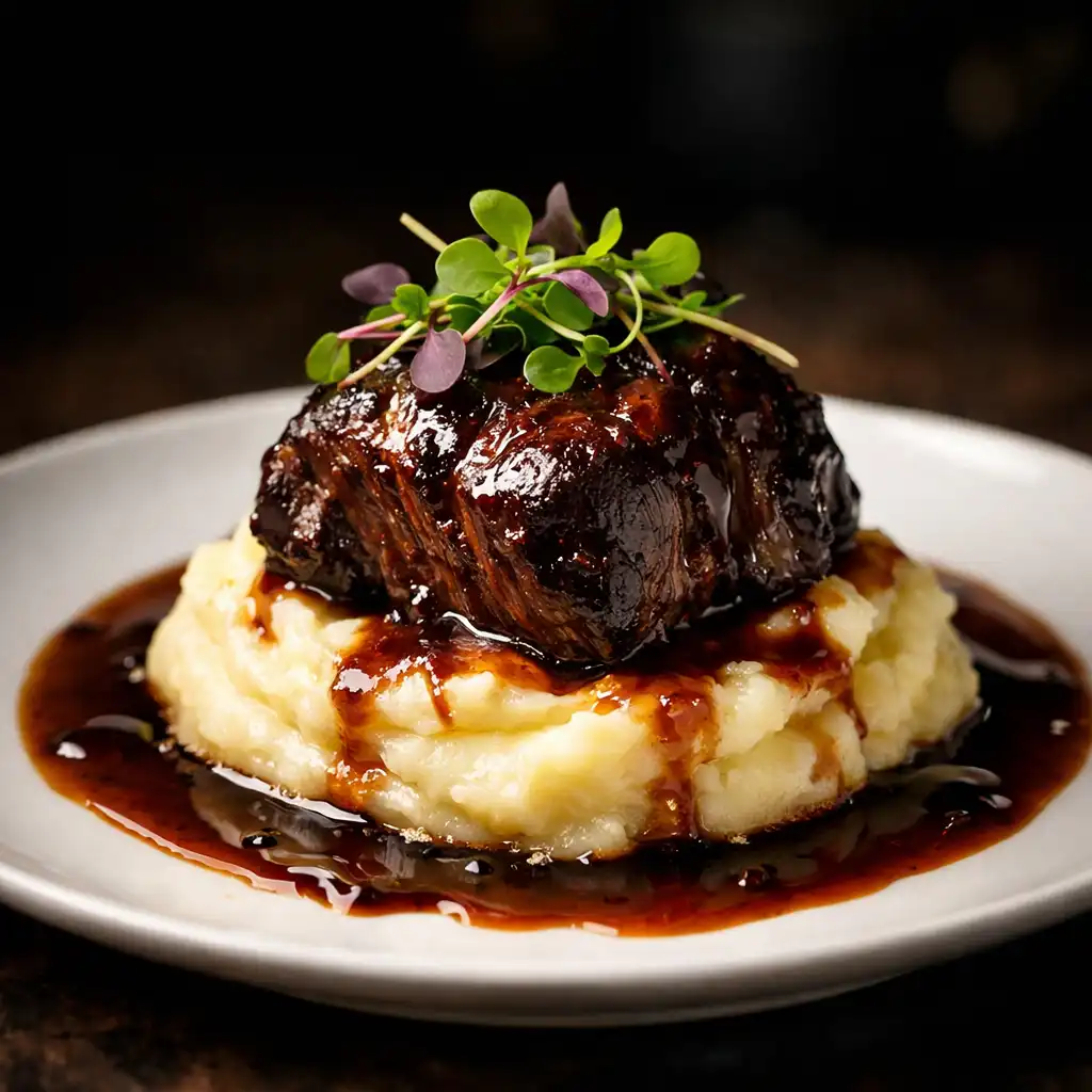 Slow-cooked beef cheek with mashed potatoes and red wine jus, plated elegantly
