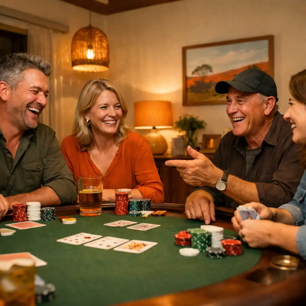 A group of adults smiling and socialising around a poker table